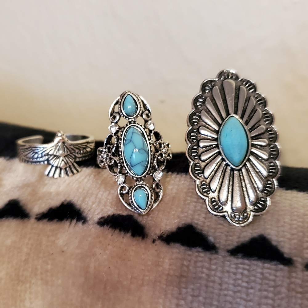 Set of three (3) Western Style Rings, Eagle, and Silver and Turquoise